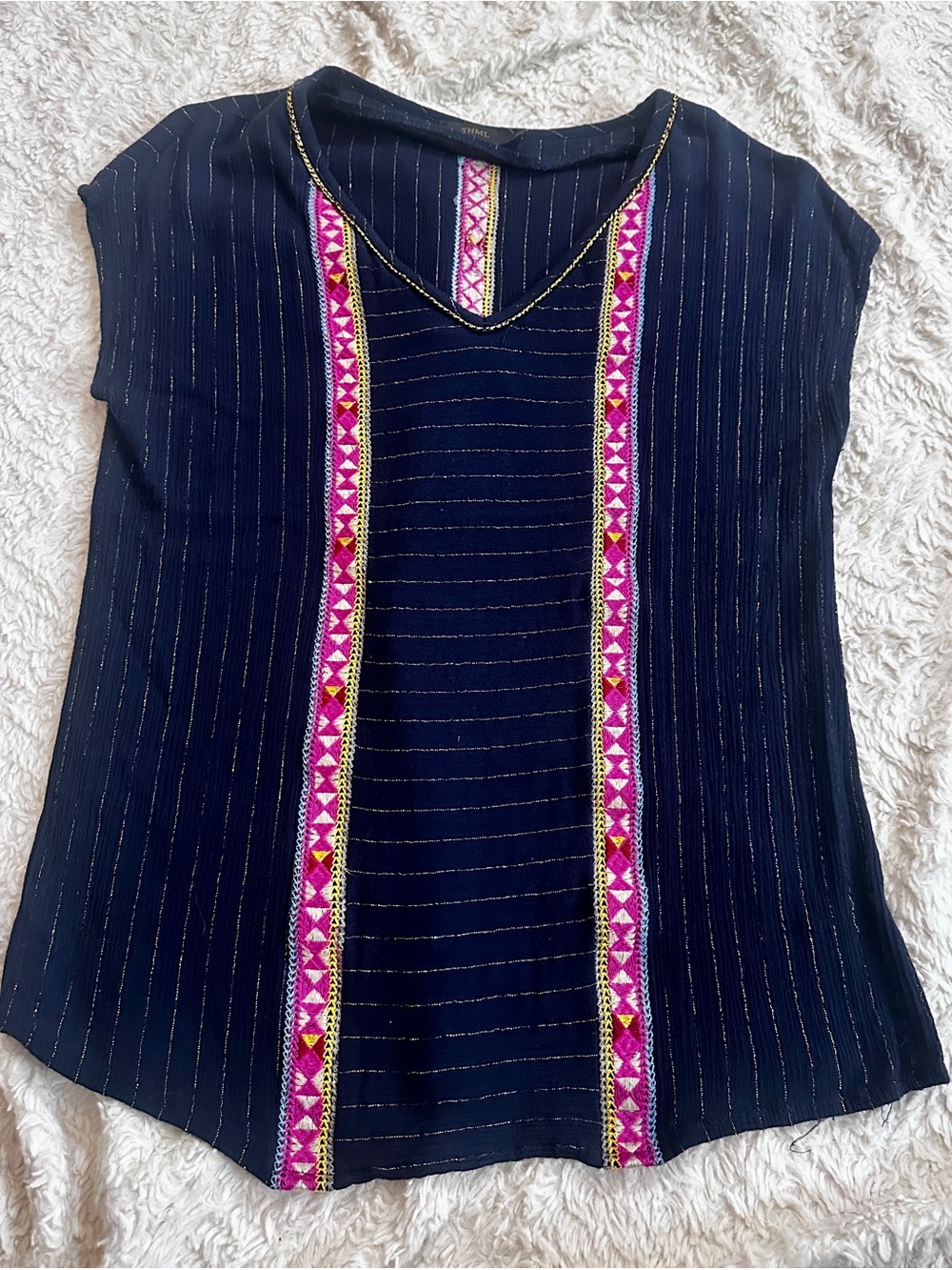 THML/Anthropologie Navy Cap-Sleeve Top with Pink Embroidered Trim Size S